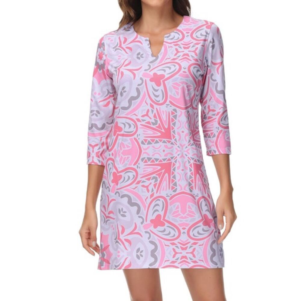 NWT Lightbare Women’s 3/4 Sleeve Performance Dress UPF 50+ Sz XL Pink White Gray